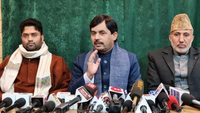 BJP national spokesperson Shahnawaz Hussain at the press conference in Srinagar on 8 December 20202 | Twitter | @ShahnawazBJP
