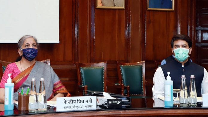 File photo | Finance Minister Nirmala Sitharaman along with MoS Anurag Thakur chairing the GST Council meeting via video conferencing, in New Delhi on Monday | ANI