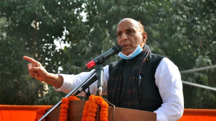 Union Minister Rajnath Singh addressing a rally at Dwarka in Delhi on 25 December 2020 | Twitter/@rajnathsingh