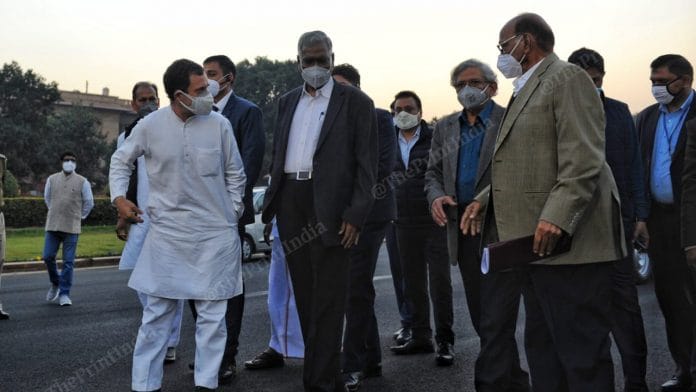 Rahul Gandhi, Sharad Pawar, Sitaram Yechury, D Raja and TKS Elangovan outside Rashtrapati Bhawan after meeting with President Ram Nath Kovind in New Delhi on 9 December