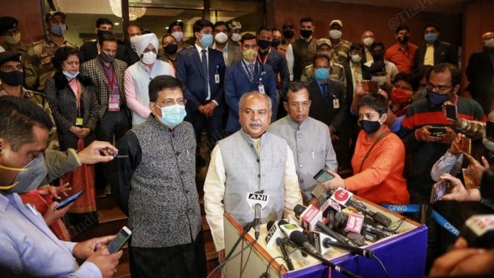 File image of Agriculture Minister Narendra Singh Tomar (centre) with other ministers and officials after a meeting with farmer leaders in New Delhi Saturday | Photo: Manisha Mondal | ThePrint