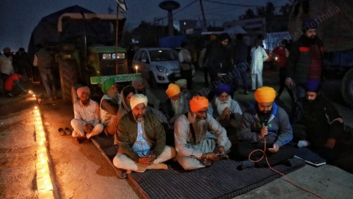 Farmers protest at the Haryana-Delhi border at Singhu | Photo: Manisha Mondal | ThePrint