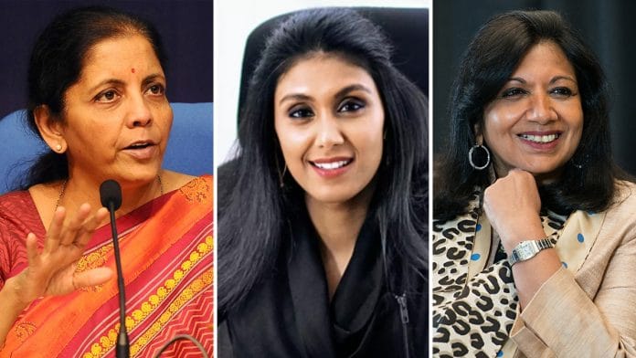 (From left) Finance Minister Nirmala Sitharaman, HCL CEO Roshni Nadar Malhotra and Biocon chief Kiran Mazumdar-Shaw | Image : ThePrint
