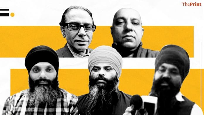 (From top left) Gurpatwant Singh Pannun, J.S Dhaliwal, Hardeep Singh Nijjar, Paramjit Singh Pamma and Harjaap Singh | Illustration: Ramandeep Kaur | ThePrint