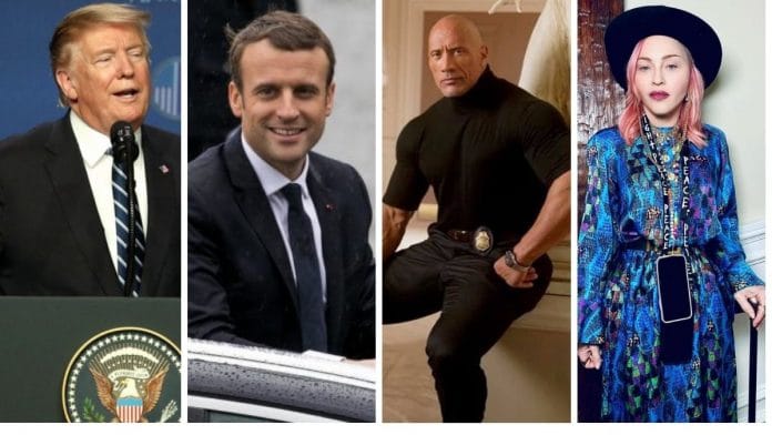 Donald Trump, Emmanuel Macron, Dwayne Johnson, Madonna | Bloomberg and Facebook