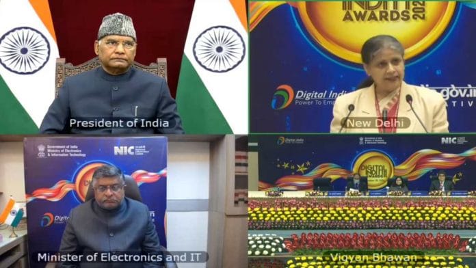 President Ram Nath Kovind, IT Minister Ravi Shankar Prasad and Dr Neeta Verma, Director General, National Informatics Centre, at the online award event Wednesday | PIB