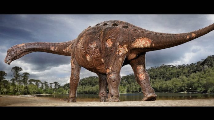 A rendition of the titanosaur afflicted with osteomyelitis | Credit: Hufo Caffasso
