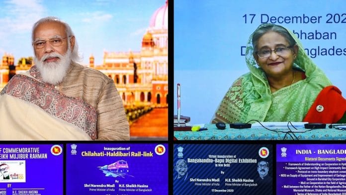 Prime Minister Narendra Modi and Bangladesh PM Sheikh Hasina during the India-Bangladesh virtual bilateral summit, in New Delhi, Thursday. | Photo: PTI/PIB