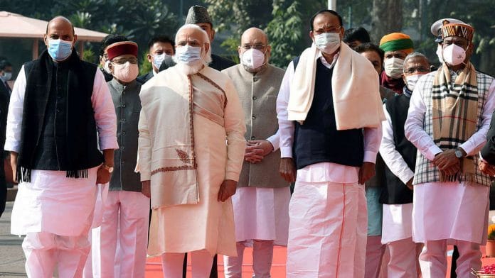 Prime Minister Narendra Modi (second from left, front) and Vice-President Venkaiah Naidu (second from right, front) with senior ministers and parliamentarians | Representational image: ANI