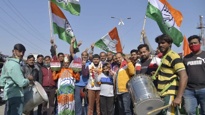 Congress workers celebrate the party's urban local body polls victory in Ajmer Sunday | Photo: PTI