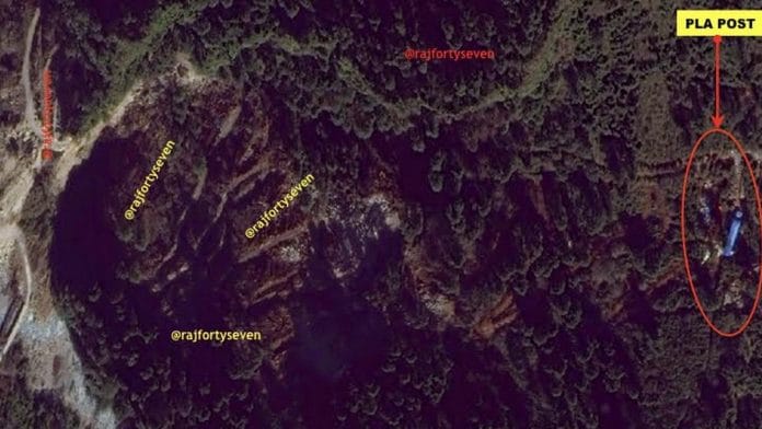 A 2018 satellite image of a road being built in Tsari Chu valley, with previously constructed PLA post marked | Photo: Col. Vinayak Bhat | ThePrint