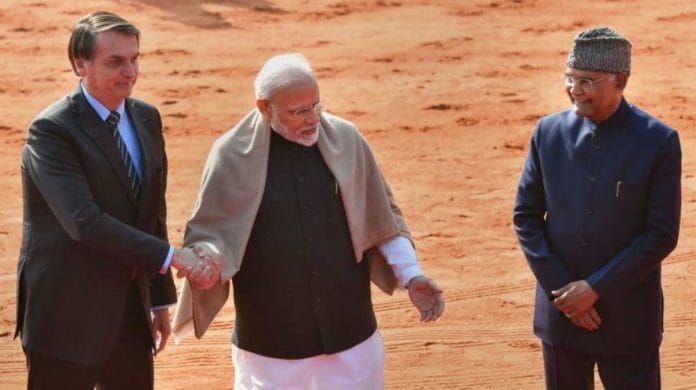 File image of Brazilian President Jair Bolsonaro (left) with PM Narendra Modi and President Ram Nath Kovind | Photo: PTI