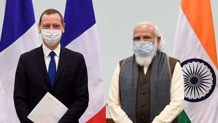 Emmanuel Bonne, Diplomatic Advisor to the President of France Emmanuel Macron with PM Narendra Modi | Twitter/ANI