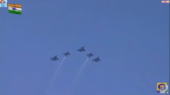 A Rafale jet, with two Jaguar aircraft and two MiG-29 Fighters, makes the 'Eklavya’ formation at the Republic Day parade, on 26 January 2021 | PIB