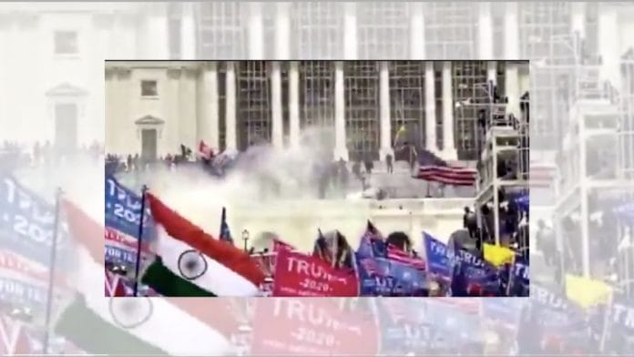 Screengrab of a video showing the Indian national flag at the protest outside Capitol Hill in Washington DC | Twitter