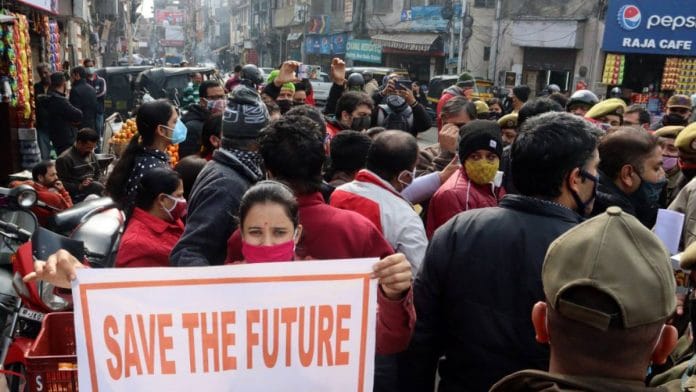 Kashmiri Pandits stage a protest over various demands outside Raj Bhawan in Jammu in January 2021 | ANI