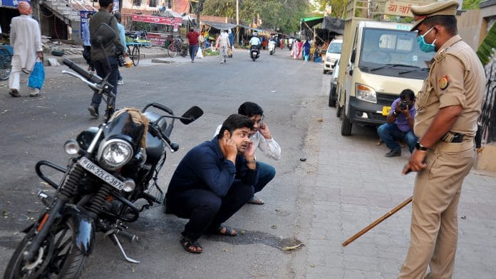 Police personnel punishes the offender during lockdown amid Covid in Lucknow, on 5 April 2020| ANI File photo