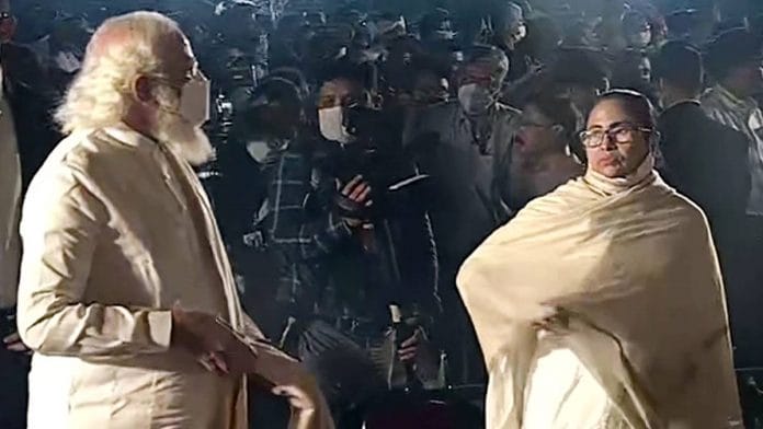 Prime Minister Narendra Modi and West Bengal CM Mamata Banerjee during a Parakram Diwas celebration event on the occasion of Netaji Subash Chandra Bose 125th birth anniversary, at Victoria Memorial in Kolkata on 23 January 2021 | ANI