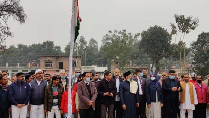 The flag hoisting ceremony at the mosque complex in Ayodhya on 26 January 2021 | By special arrangement