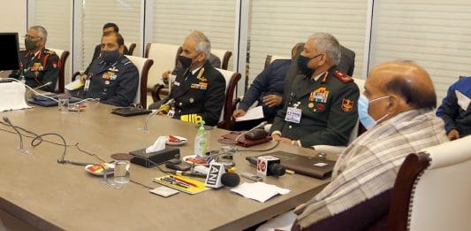 Defence Minister Rajnath Singh with CDS Gen Bipin Rawat, Army chief Gen MM Naravane, Navy Chief Admiral Karambir Singh, Air Chief Marshal R.K.S. Bhadauria | PIB