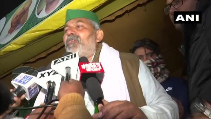 BKU leader Rakesh Tikait addresses the media at the Ghazipur border | ANI