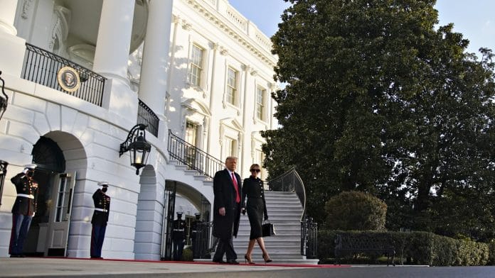 Donald Trump and Melania Trump exit the White House before boarding Marine One on the South Lawn in Washington, D.C., on 20 January | Photo via Bloomberg