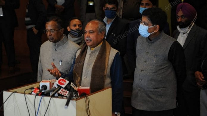 Union ministers (from left) Som Parkash, Narendra Singh Tomar and Piyush Goyal after the latest round of talks with farmer leaders in New Delhi Monday | Photo: Suraj Singh Bisht | ThePrint