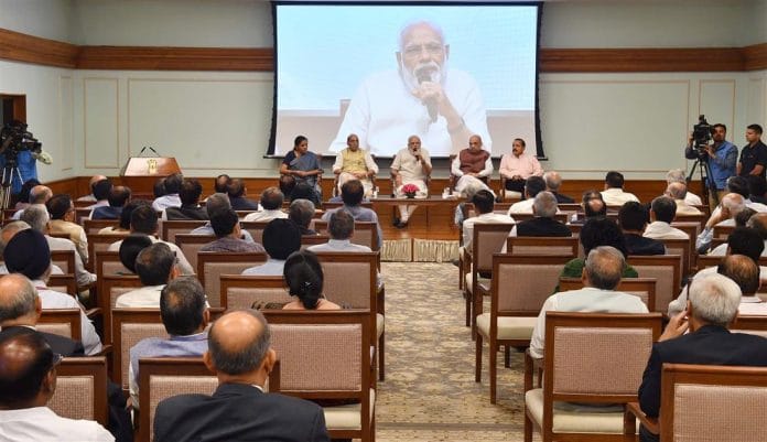 Prime Minister Narendra Modi interacting with the Secretaries to the Government of India, at Lok Kalyan Marg, in New Delhi | PIB file photo