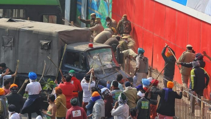 Protesting farmers clashed with police at several places in the national capital after the tractor rally turned violent, on 26 January 2021 | Photo: Manisha Mondal | ThePrint