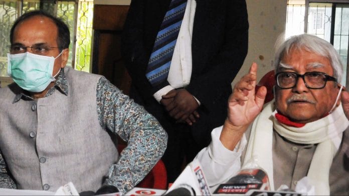 Congress MP Adhir Ranjan Chowdhury (L) Left Front Chairman Biman Bose (R) address a press conference after their meeting ahead of the West Bengal Assembly elections, in Kolkata, Sunday, Jan. 17, 2021. | PTI