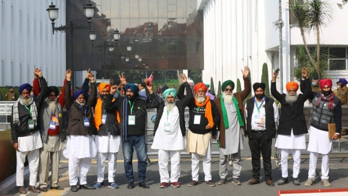 Representatives of farmer unions at Vigyan Bhawan in New Delhi on 20 January 2021