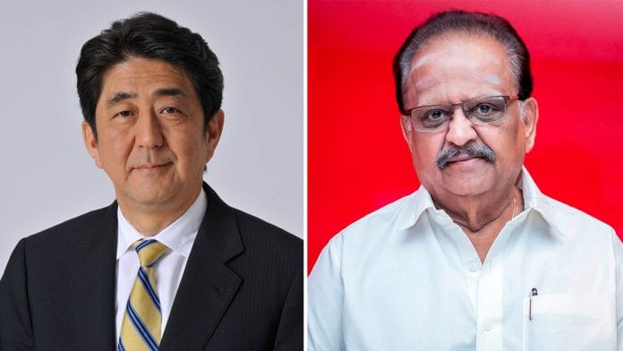 Shinzo Abe (L), SP Balasubramaniam (R)