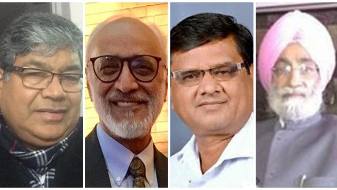 (L-R) Noted agricultural economists Dr P.K. Joshi and Ashok Gulati, Shetkari Sanghatana president Anil Ghanwat, and BKU (Mann) chief Bhupinder Singh Mann | Photos via Twitter & Facebook