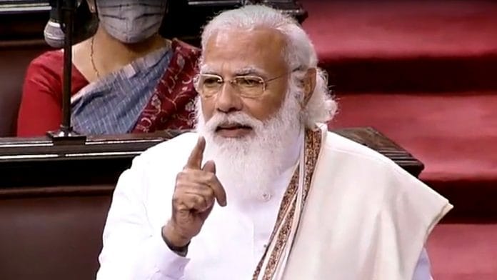Prime Minister Narendra Modi addresses the Rajya Sabha Monday | Photo: ANI