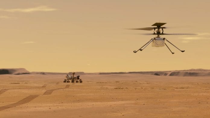 An illustration of the Perseverance rover and the Ingenuity helicopter, which will test powered flight on another world for the first time | NASA
