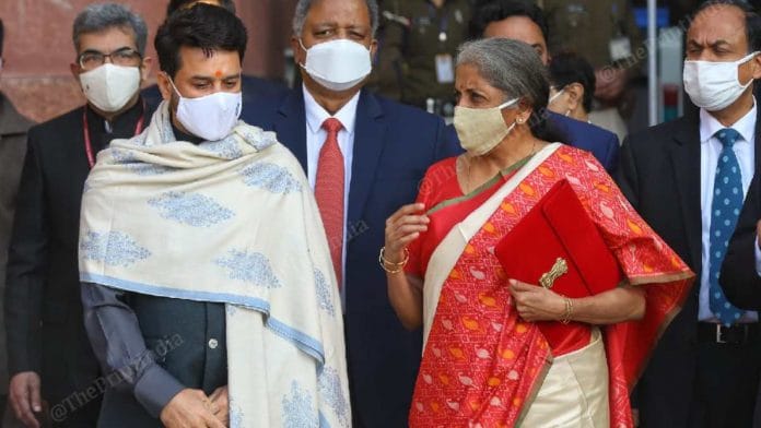 Finance Minister Nirmala Sitharaman and Minister of State for Finance Anurag Thakur before presenting the Budget, in New Delhi on 1 February 2021 | Suraj Singh Bisht | ThePrint