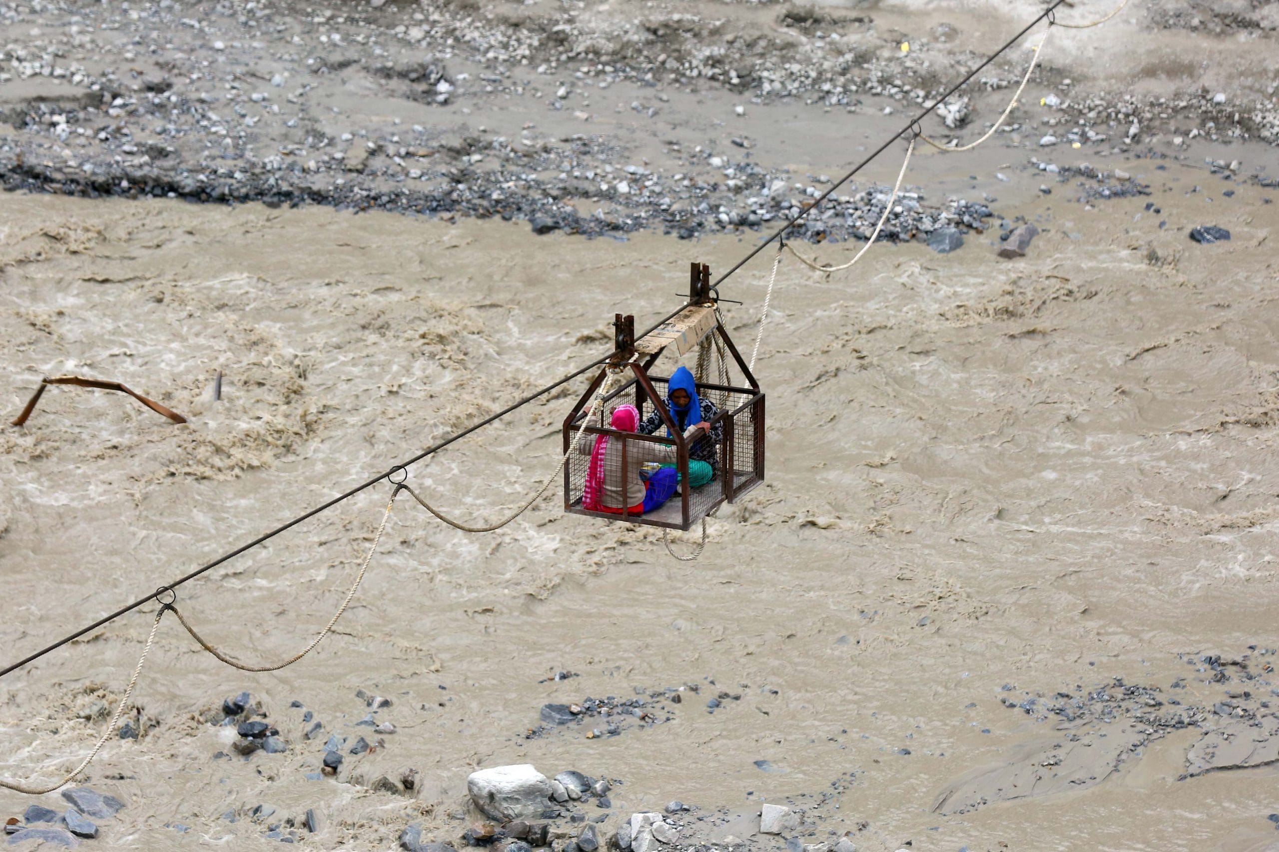 At NTPC's hydel power project in Tapovan, a ropeway has been built to ferry people and supplies across the Dhauliganga river. 
