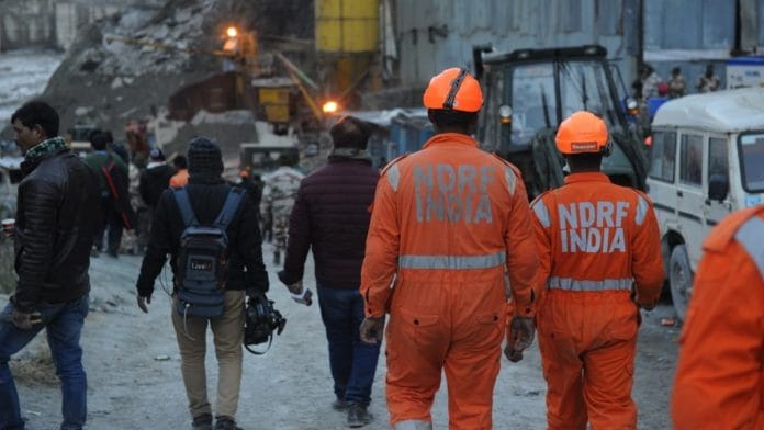 Rescue efforts underway at a tunnel near Joshimath in Uttarakhand where 34 people were still trapped Monday, a day after the flash floods | Suraj Singh Bisht | ThePrint