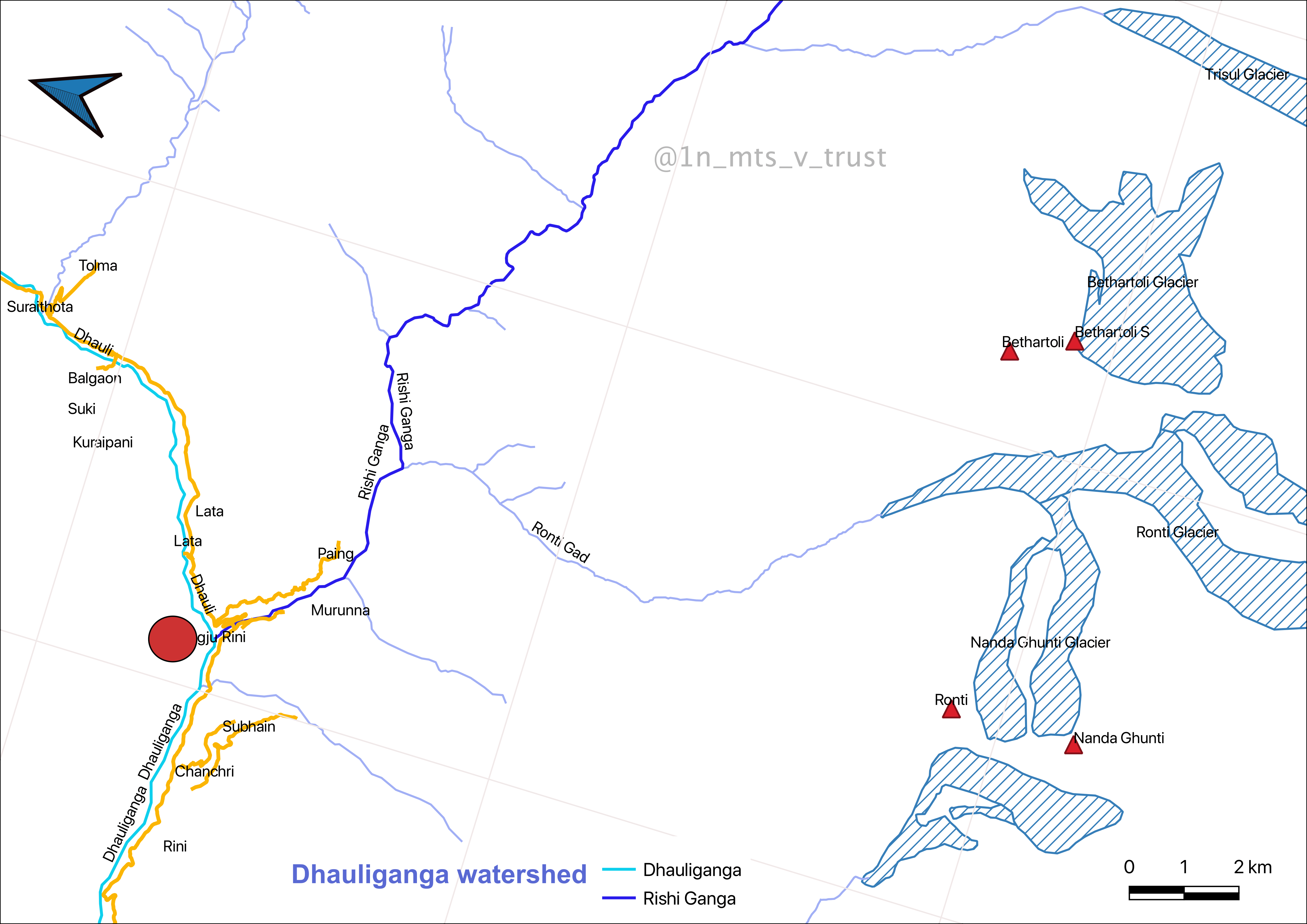 Map of the glaciers and rivers in the region created using OpenStreetMaps by Twitter user @1n_mts_v_trust, a map enthusiast interested in the Garhwal Himalayas and LAC