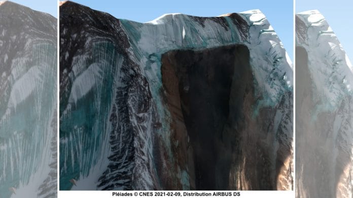 The scar on the shoulder of Nanda Ghunti after the landslide that is believed to have triggered the floods in Uttarakhand | Image by CNES, distributed by Airbus, processed by S. Gascoin, E. Berthier.