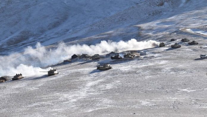 Indian and Chinese armoured columns pulling back from Rechin La on the southern side of Pangong Tso Wednesday | Credit: Army