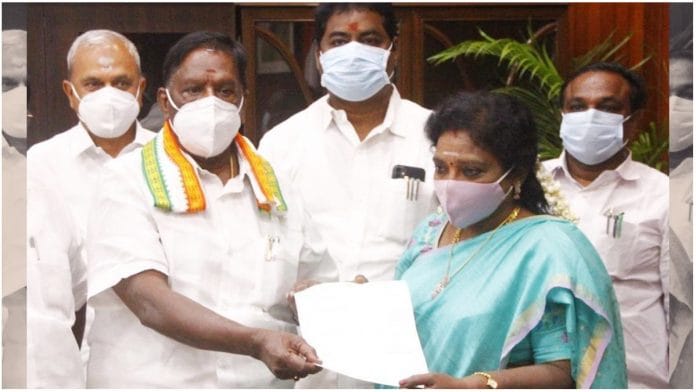 Outgoing Chief Minister V. Narayanasamy, tenders his resignation to Lieutenant Governor Tamilisai Soundararajan | ANI