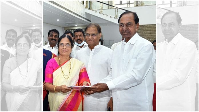 Rao’s daughter Surabhi Vani Devi (left) with KCR in Hyderabad Monday | By special arrangement