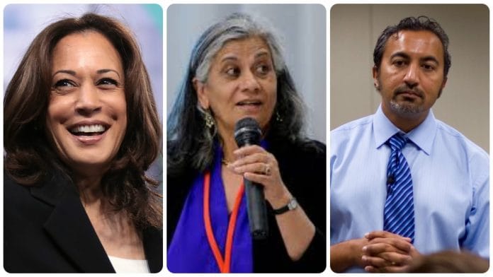 (L-R) US Vice President Kamala Harris, Canadian Senator Ratna Omidvar, Congressman Ami Bera