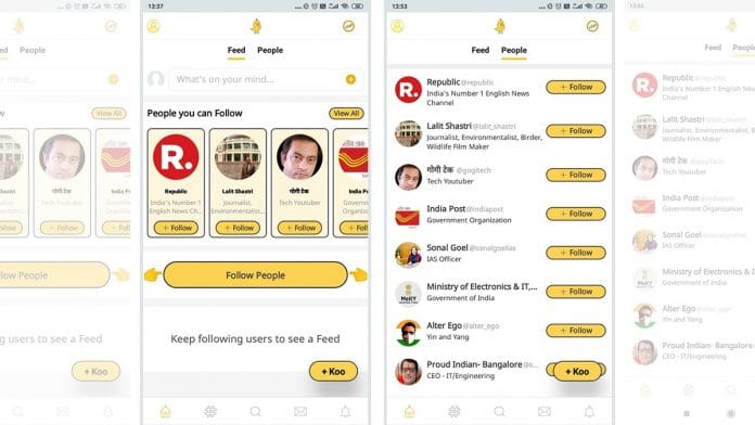 Screenshots of Koo's user recommendations on its home page.