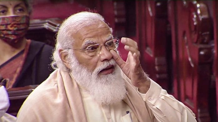 Prime Minister Narendra Modi during his farewell speech for Ghulam Nabi Azad in the Rajya Sabha during Budget Session, in New Delhi on 9 February | RSTV/PTI Photo