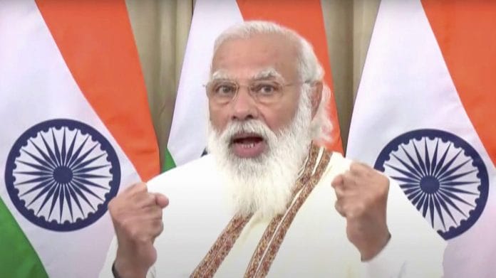 Prime Minister Narendra Modi speaks on Union Budget 2021-22, via video link, in New Delhi, Monday, Feb. 01, 2021. | PTI