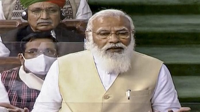 Prime Minister Narendra Modi speaks in the Lok Sabha during the ongoing Budget Session of Parliament, in New Delhi, Wednesday, Feb. 10, 2021. | PTI