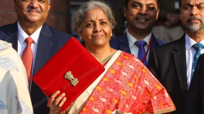 File image of Finance Minister Nirmala Sitharaman outside Parliament before announcing the 2021-22 Union Budget | Photo: Suraj Singh Bisht | ThePrint