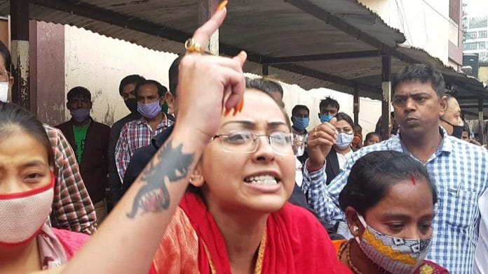 BJP youth wing leader Pamela Goswami being produced in Alipur court in connection with a drugs case, in Kolkata on 20 February. | Photo: ANI